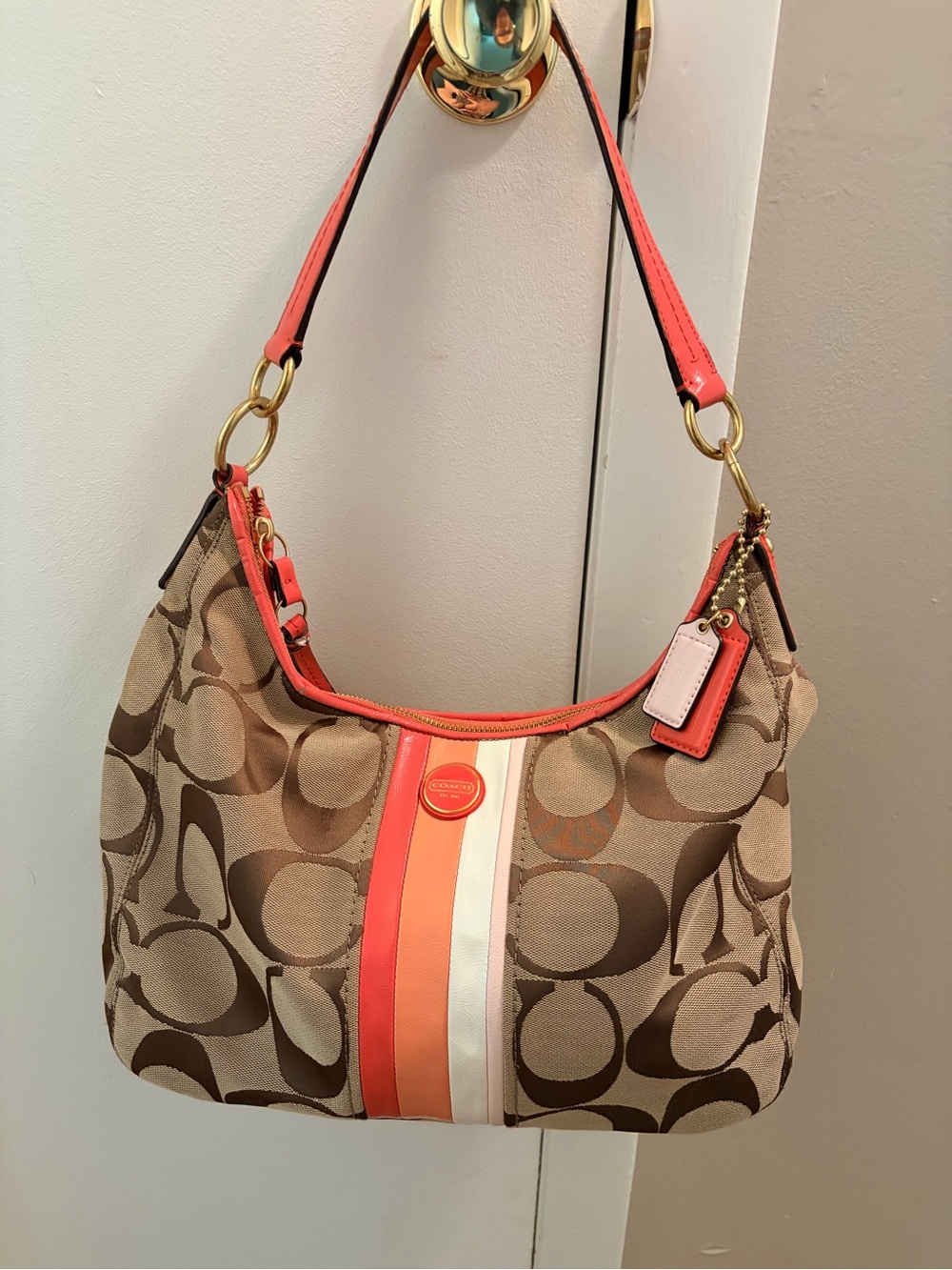 Coach Canvas Shoulder Bag with Coral and Cream Stripes